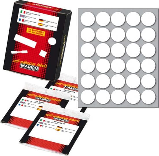 Etichetta adesiva - permanente - tonda D 22 mm - 30 etichette per foglio - 10 fogli per busta - bianco - Markin Cancelleria e prodotti per ufficio/Archivio ufficio e accessori per scrivania/Etichette divisori per schedario e timbri/Etichette ed etichette adesive/Etichette per prezzatrici Eurocartuccia - Pavullo, Commerciovirtuoso.it