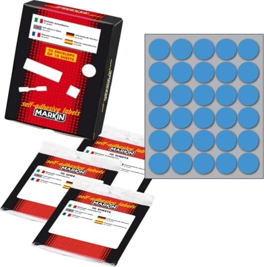 Etichetta adesiva - permanente - tonda D 22 mm - 30 etichette per foglio - 10 fogli per busta - blu - Markin Cancelleria e prodotti per ufficio/Archivio ufficio e accessori per scrivania/Etichette divisori per schedario e timbri/Etichette ed etichette adesive/Etichette per prezzatrici Eurocartuccia - Pavullo, Commerciovirtuoso.it
