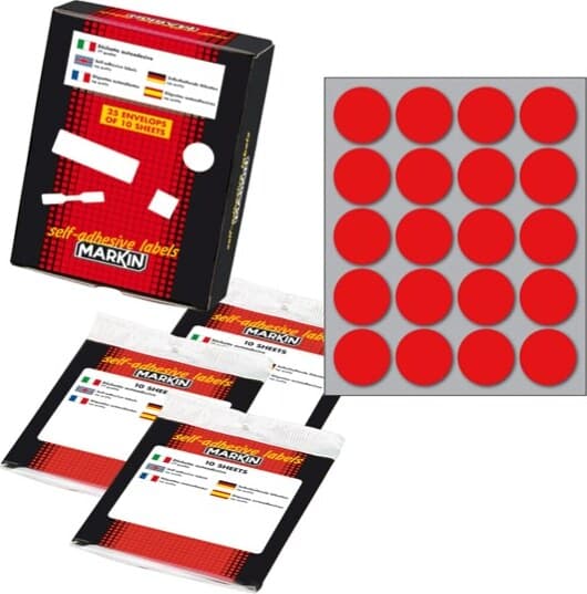 Etichetta adesiva - permanente - tonda D 27 mm - 20 etichette per foglio - 10 fogli per busta - rosso - Markin Cancelleria e prodotti per ufficio/Archivio ufficio e accessori per scrivania/Etichette divisori per schedario e timbri/Etichette ed etichette adesive/Etichette per prezzatrici Eurocartuccia - Pavullo, Commerciovirtuoso.it