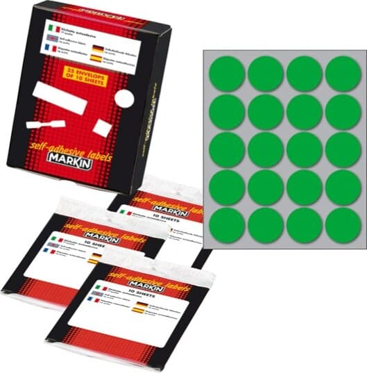 Etichetta adesiva - permanente - tonda D 27 mm - 20 etichette per foglio - 10 fogli per busta - verde - Markin Cancelleria e prodotti per ufficio/Archivio ufficio e accessori per scrivania/Etichette divisori per schedario e timbri/Etichette ed etichette adesive/Etichette per prezzatrici Eurocartuccia - Pavullo, Commerciovirtuoso.it