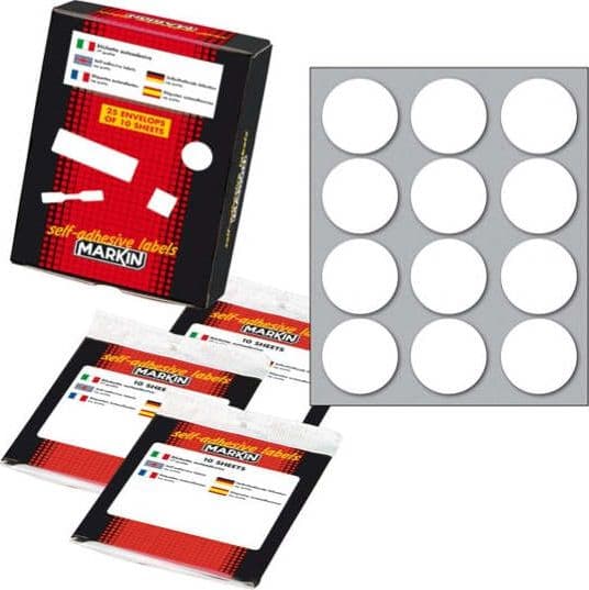 Etichetta adesiva - permanente - tonda D 34 mm - 12 etichette per foglio - 10 fogli per busta - bianco - Markin Cancelleria e prodotti per ufficio/Archivio ufficio e accessori per scrivania/Etichette divisori per schedario e timbri/Etichette ed etichette adesive/Etichette per prezzatrici Eurocartuccia - Pavullo, Commerciovirtuoso.it
