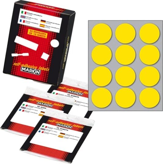Etichetta adesiva - permanente - tonda D 34 mm - 12 etichette per foglio - 10 fogli per busta - giallo - Markin Cancelleria e prodotti per ufficio/Archivio ufficio e accessori per scrivania/Etichette divisori per schedario e timbri/Etichette ed etichette adesive/Etichette per prezzatrici Eurocartuccia - Pavullo, Commerciovirtuoso.it