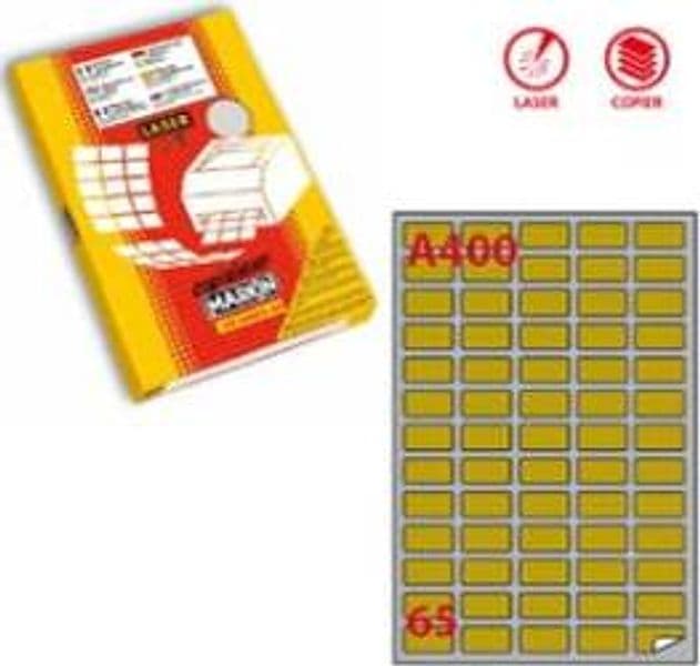 Etichetta adesiva A400 Markin - oro - adatta a stampanti laser - 38.1x21.2 mm - 65 etichette per foglio - scatola da 100 fogli A4 Cancelleria e prodotti per ufficio/Archivio ufficio e accessori per scrivania/Etichette divisori per schedario e timbri/Etichette ed etichette adesive/Etichette per stampanti Eurocartuccia - Pavullo, Commerciovirtuoso.it