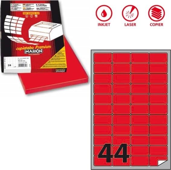 Etichetta adesiva A406 - permanente - 47 5x25 5 mm - 44 etichette per foglio - rosso fluo - Markin - scatola 100 fogli A4 Cancelleria e prodotti per ufficio/Archivio ufficio e accessori per scrivania/Etichette divisori per schedario e timbri/Etichette ed etichette adesive/Etichette per stampanti Eurocartuccia - Pavullo, Commerciovirtuoso.it
