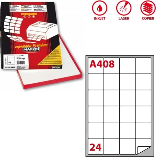 Etichetta adesiva A408 - permanente - 47 5x46 5 mm - 24 etichette per foglio - bianco - Markin - scatola 100 fogli A4 Cancelleria e prodotti per ufficio/Archivio ufficio e accessori per scrivania/Etichette divisori per schedario e timbri/Etichette ed etichette adesive/Etichette per stampanti Eurocartuccia - Pavullo, Commerciovirtuoso.it