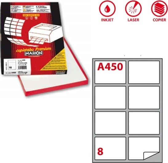 Etichetta adesiva A450 - permanente - 99 1x67 7 mm - 8 etichette per foglio - bianco - Markin - scatola 100 fogli A4 Cancelleria e prodotti per ufficio/Archivio ufficio e accessori per scrivania/Etichette divisori per schedario e timbri/Etichette ed etichette adesive/Etichette per stampanti Eurocartuccia - Pavullo, Commerciovirtuoso.it