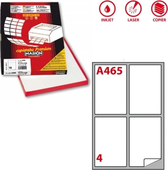 Etichetta adesiva A465 - permanente - 139x99 1 mm - 4 etichette per foglio - bianco - Markin - scatola 100 fogli A4 Cancelleria e prodotti per ufficio/Archivio ufficio e accessori per scrivania/Etichette divisori per schedario e timbri/Etichette ed etichette adesive/Etichette per stampanti Eurocartuccia - Pavullo, Commerciovirtuoso.it
