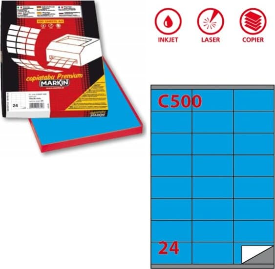 Etichetta adesiva C500 - permanente - 70x36 mm - 24 etichette per foglio - blu - Markin - scatola 100 fogli A4 Cancelleria e prodotti per ufficio/Archivio ufficio e accessori per scrivania/Etichette divisori per schedario e timbri/Etichette ed etichette adesive/Etichette per stampanti Eurocartuccia - Pavullo, Commerciovirtuoso.it