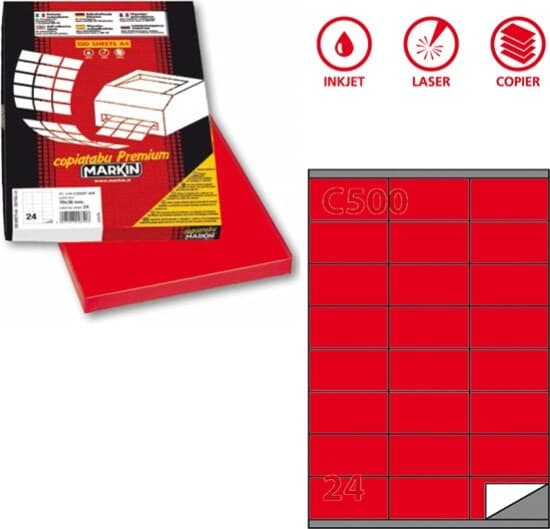 Etichetta adesiva C500 - permanente - 70x36 mm - 24 etichette per foglio - rosso - Markin - scatola 100 fogli A4 Cancelleria e prodotti per ufficio/Archivio ufficio e accessori per scrivania/Etichette divisori per schedario e timbri/Etichette ed etichette adesive/Etichette per stampanti Eurocartuccia - Pavullo, Commerciovirtuoso.it