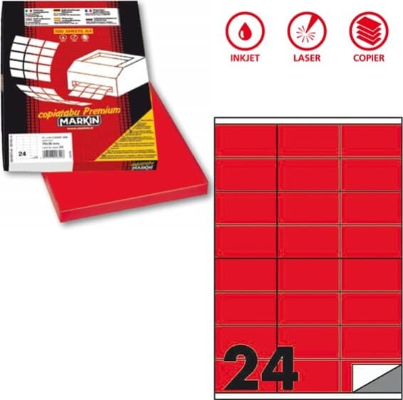 Etichetta adesiva C500 - permanente - 70x36 mm - 24 etichette per foglio - rosso fluo - Markin - scatola 100 fogli A4 Cancelleria e prodotti per ufficio/Archivio ufficio e accessori per scrivania/Etichette divisori per schedario e timbri/Etichette ed etichette adesive/Etichette per stampanti Eurocartuccia - Pavullo, Commerciovirtuoso.it