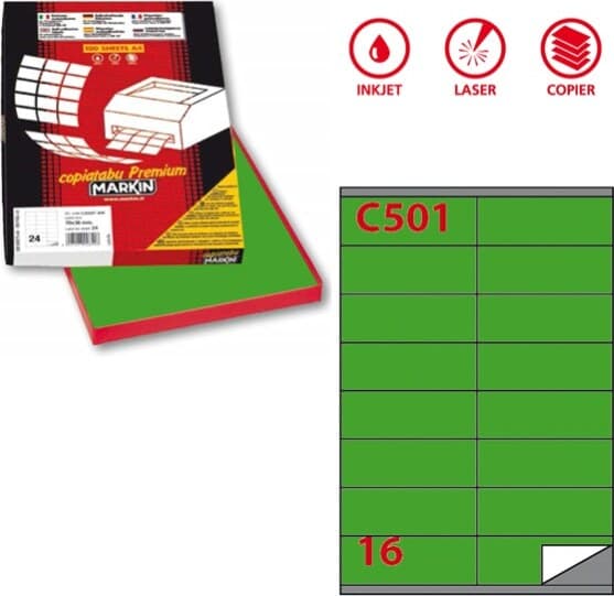 Etichetta adesiva C501 - permanente - 105x36 mm - 16 etichette per foglio - verde - Markin - scatola 100 fogli A4 Cancelleria e prodotti per ufficio/Archivio ufficio e accessori per scrivania/Etichette divisori per schedario e timbri/Etichette ed etichette adesive/Etichette per stampanti Eurocartuccia - Pavullo, Commerciovirtuoso.it