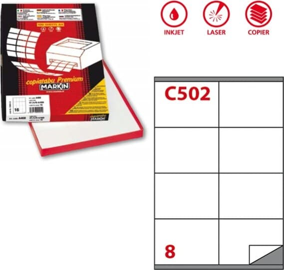 Etichetta adesiva C502 - permanente - 105x72 mm - 8 etichette per foglio - bianco - Markin - scatola 100 fogli A4 Cancelleria e prodotti per ufficio/Archivio ufficio e accessori per scrivania/Etichette divisori per schedario e timbri/Etichette ed etichette adesive/Etichette per stampanti Eurocartuccia - Pavullo, Commerciovirtuoso.it
