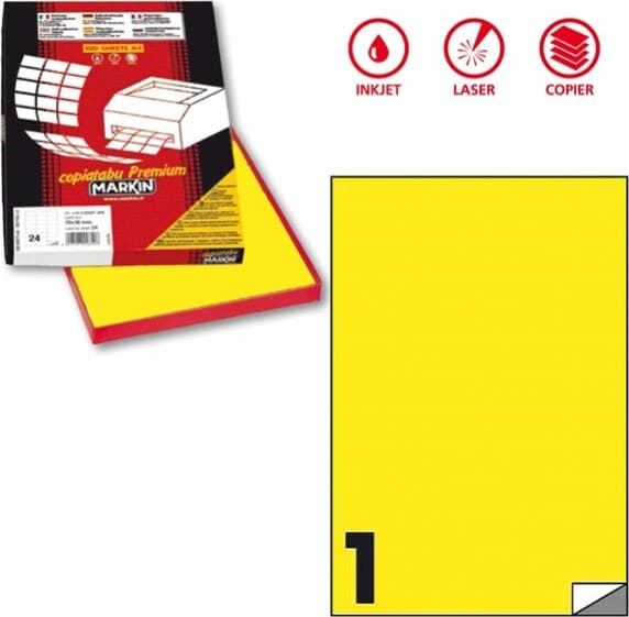 Etichetta adesiva C503 - permanente - 210x297 mm - 1 etichetta per foglio - giallo fluo - Markin - scatola 100 fogli A4 Cancelleria e prodotti per ufficio/Archivio ufficio e accessori per scrivania/Etichette divisori per schedario e timbri/Etichette ed etichette adesive/Etichette per stampanti Eurocartuccia - Pavullo, Commerciovirtuoso.it