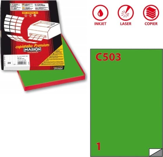Etichetta adesiva C503 - permanente - 210x297 mm - 1 etichetta per foglio - verde - Markin - scatola 100 fogli A4 Cancelleria e prodotti per ufficio/Archivio ufficio e accessori per scrivania/Etichette divisori per schedario e timbri/Etichette ed etichette adesive/Etichette per stampanti Eurocartuccia - Pavullo, Commerciovirtuoso.it