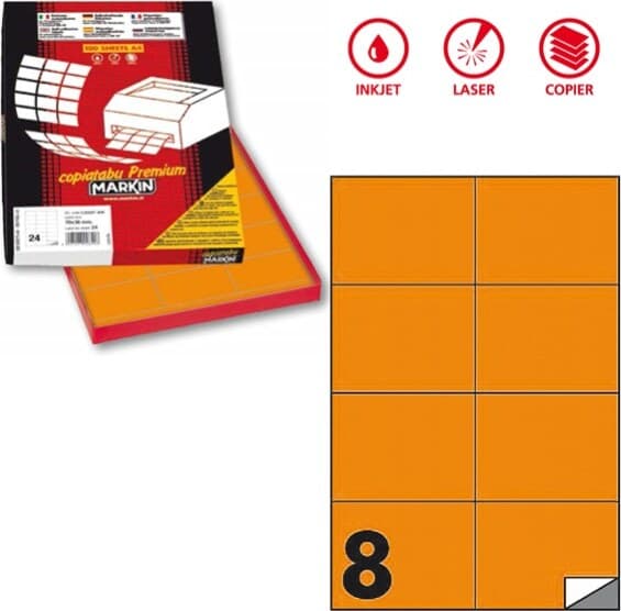 Etichetta adesiva C512 - permanente - 105x74 25 mm - 8 etichette per foglio - arancio fluo - Markin - scatola 100 fogli A4 Cancelleria e prodotti per ufficio/Archivio ufficio e accessori per scrivania/Etichette divisori per schedario e timbri/Etichette ed etichette adesive/Etichette per stampanti Eurocartuccia - Pavullo, Commerciovirtuoso.it