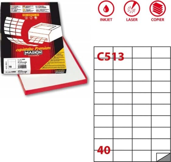 Etichetta adesiva C513 - permanente - 52 5x29 7 mm - 40 etichette per foglio - bianco - Markin - scatola 100 fogli A4 Cancelleria e prodotti per ufficio/Archivio ufficio e accessori per scrivania/Etichette divisori per schedario e timbri/Etichette ed etichette adesive/Etichette per stampanti Eurocartuccia - Pavullo, Commerciovirtuoso.it