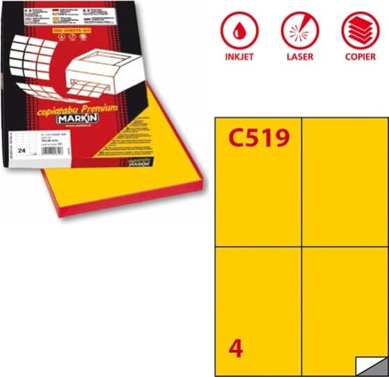 Etichetta adesiva C519 - permanente - 105 x148 5 mm - 4 etichette per foglio - giallo - Markin - scatola 100 fogli A4 Cancelleria e prodotti per ufficio/Archivio ufficio e accessori per scrivania/Etichette divisori per schedario e timbri/Etichette ed etichette adesive/Etichette per stampanti Eurocartuccia - Pavullo, Commerciovirtuoso.it
