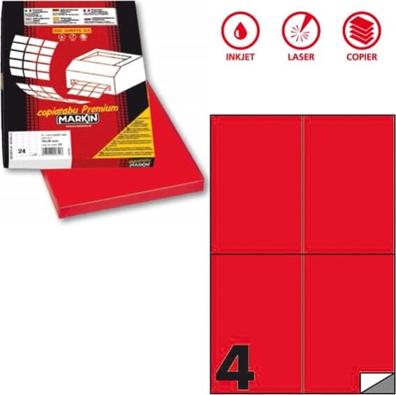 Etichetta adesiva C519 - permanente - 105 x148 5 mm - 4 etichette per foglio - rosso fluo - Markin - scatola 100 fogli A4 Cancelleria e prodotti per ufficio/Archivio ufficio e accessori per scrivania/Etichette divisori per schedario e timbri/Etichette ed etichette adesive/Etichette per stampanti Eurocartuccia - Pavullo, Commerciovirtuoso.it