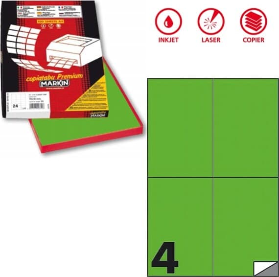 Etichetta adesiva C519 - permanente - 105 x148 5 mm - 4 etichette per foglio - verde fluo - Markin - scatola 100 fogli A4 Cancelleria e prodotti per ufficio/Archivio ufficio e accessori per scrivania/Etichette divisori per schedario e timbri/Etichette ed etichette adesive/Etichette per stampanti Eurocartuccia - Pavullo, Commerciovirtuoso.it