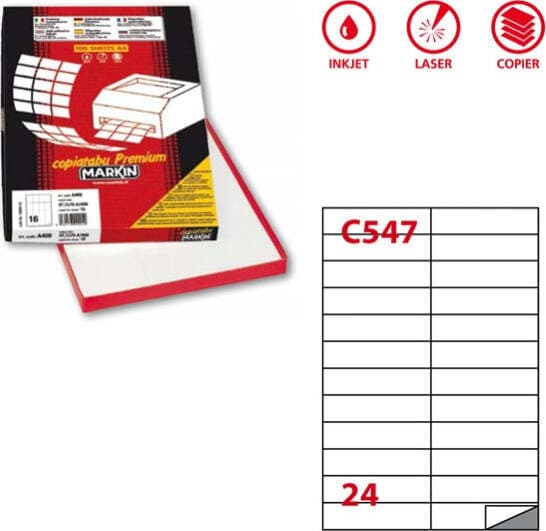 Etichetta adesiva C547 - permanente - 105x25 mm - 24 etichette per foglio - bianco - Markin - scatola 100 fogli A4 Cancelleria e prodotti per ufficio/Archivio ufficio e accessori per scrivania/Etichette divisori per schedario e timbri/Etichette ed etichette adesive/Etichette per stampanti Eurocartuccia - Pavullo, Commerciovirtuoso.it