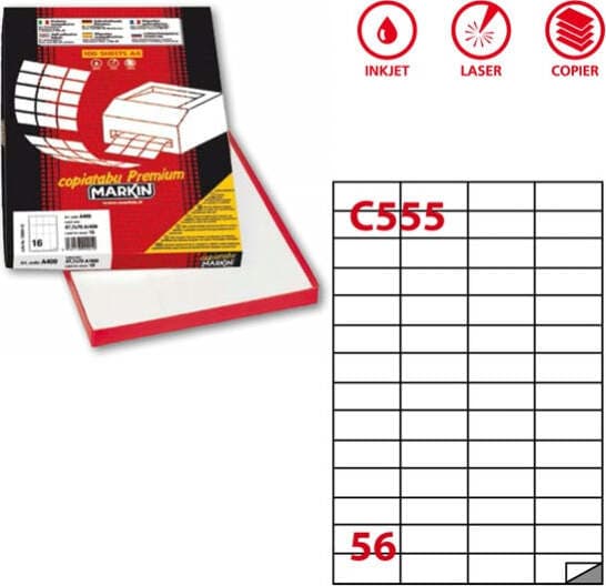 Etichetta adesiva C555 - permanente - 52 5x21 2 mm - 56 etichette per foglio - bianco - Markin - scatola 100 fogli A4 Cancelleria e prodotti per ufficio/Archivio ufficio e accessori per scrivania/Etichette divisori per schedario e timbri/Etichette ed etichette adesive/Etichette per stampanti Eurocartuccia - Pavullo, Commerciovirtuoso.it
