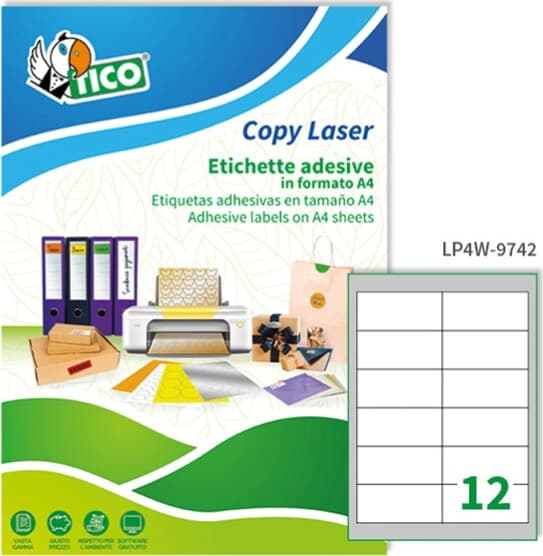 Etichetta adesiva Copy Laser LP4W - permanente - 97x42 3 mm - 12 etichette per foglio - bianco - Tico - conf. 100 fogli A4 Cancelleria e prodotti per ufficio/Archivio ufficio e accessori per scrivania/Etichette divisori per schedario e timbri/Etichette ed etichette adesive/Etichette per stampanti Eurocartuccia - Pavullo, Commerciovirtuoso.it