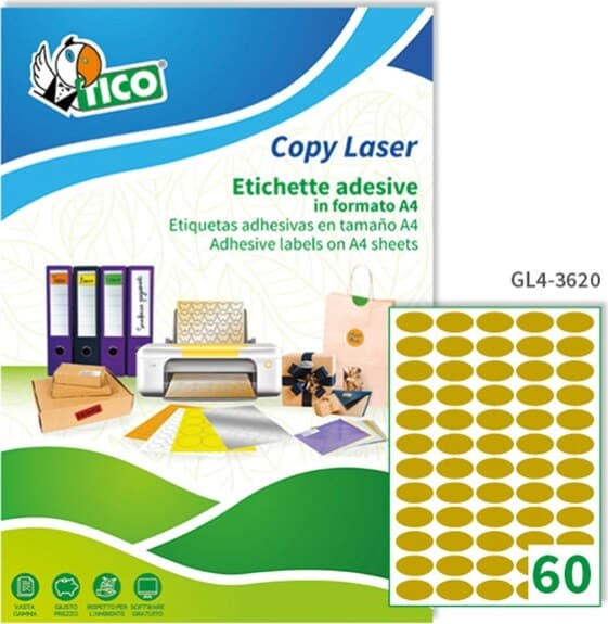 Etichetta adesiva GL4 - ovale - permanente - 36x20 mm - 60 etichette per foglio - satinata oro - Tico - conf. 100 fogli A4 Cancelleria e prodotti per ufficio/Archivio ufficio e accessori per scrivania/Etichette divisori per schedario e timbri/Etichette ed etichette adesive/Etichette per stampanti Eurocartuccia - Pavullo, Commerciovirtuoso.it