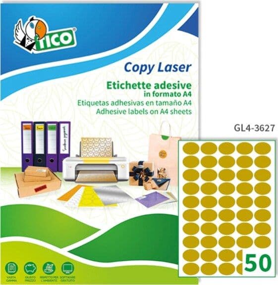 Etichetta adesiva GL4 - ovale - permanente - 36x27 mm - 50 etichette per foglio - satinata oro - Tico - conf. 100 fogli A4 Cancelleria e prodotti per ufficio/Archivio ufficio e accessori per scrivania/Etichette divisori per schedario e timbri/Etichette ed etichette adesive/Etichette per stampanti Eurocartuccia - Pavullo, Commerciovirtuoso.it
