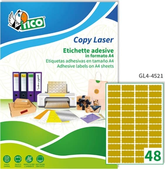 Etichetta adesiva GL4 - sagomata - permanente - 45x21 mm - 48 etichette per foglio - satinata oro - Tico - conf. 100 fogli A4 Cancelleria e prodotti per ufficio/Archivio ufficio e accessori per scrivania/Etichette divisori per schedario e timbri/Etichette ed etichette adesive/Etichette per stampanti Eurocartuccia - Pavullo, Commerciovirtuoso.it