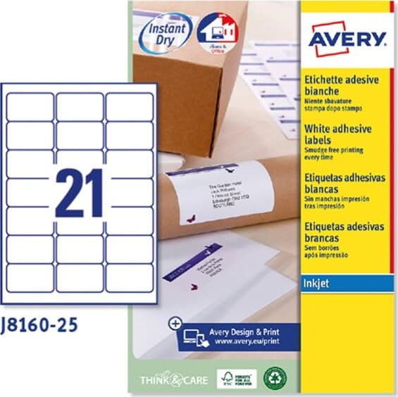 Etichetta adesiva J8160 - permanente - adatta a stampanti inkjet - 63 5x38 1 mm - 21 etichetta per foglio - bianco - Avery - conf. 25 fogli A4 Cancelleria e prodotti per ufficio/Archivio ufficio e accessori per scrivania/Etichette divisori per schedario e timbri/Etichette ed etichette adesive/Etichette per stampanti Eurocartuccia - Pavullo, Commerciovirtuoso.it