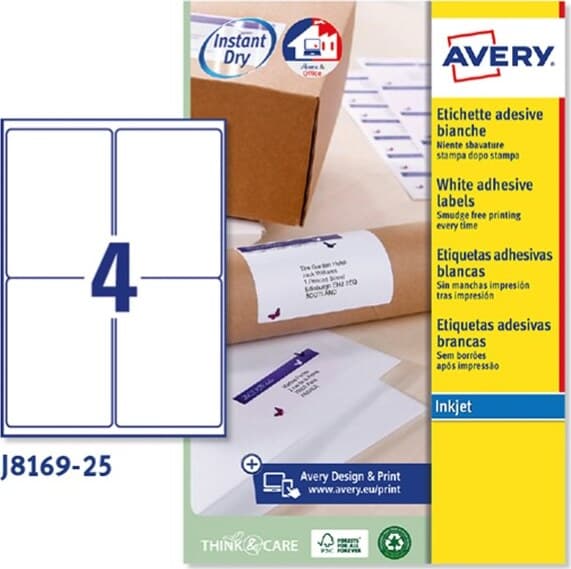Etichetta adesiva J8169 - permanente - adatta a stampanti inkjet - 99 1x139 mm - 4 etichette per foglio - bianco - Avery - conf. 25 fogli A4 Cancelleria e prodotti per ufficio/Archivio ufficio e accessori per scrivania/Etichette divisori per schedario e timbri/Etichette ed etichette adesive/Etichette per stampanti Eurocartuccia - Pavullo, Commerciovirtuoso.it