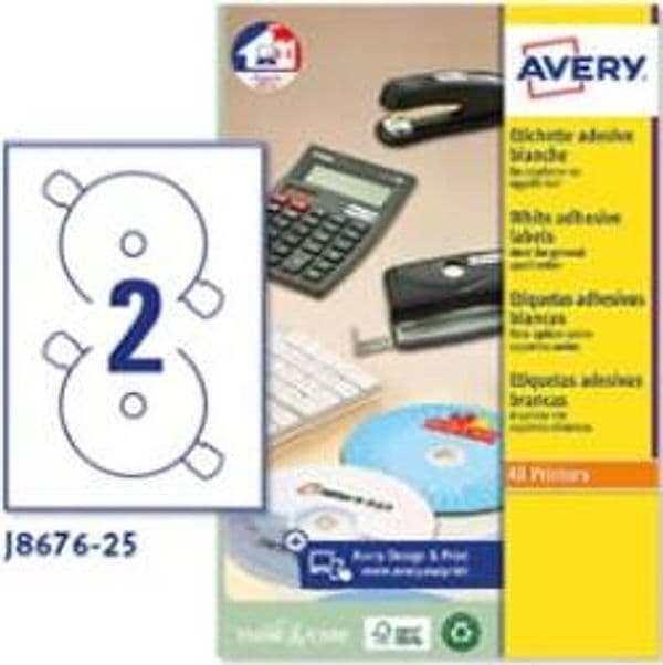 Etichetta adesiva J8676 per CD-DVD - carta - permanente - adatta a stampanti inkjet - D 117 mm - 2 etichette per foglio - bianco opaco - Avery - conf. 25 fogli A4 Cancelleria e prodotti per ufficio/Archivio ufficio e accessori per scrivania/Etichette divisori per schedario e timbri/Etichette ed etichette adesive/Etichette per stampanti Eurocartuccia - Pavullo, Commerciovirtuoso.it
