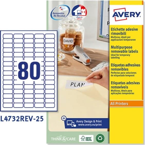 Etichetta adesiva L4732REV - removibile - adatta a stampanti laser - 35 6x16 9 mm - 80 etichette per foglio - bianco - Avery - conf. 25 fogli A4 Cancelleria e prodotti per ufficio/Archivio ufficio e accessori per scrivania/Etichette divisori per schedario e timbri/Etichette ed etichette adesive/Etichette per stampanti Eurocartuccia - Pavullo, Commerciovirtuoso.it