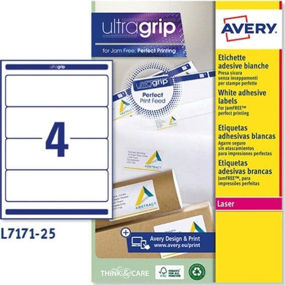 Etichetta adesiva L7171 - permanente - 200x60 mm - 4 etichette per foglio - bianco coprente - Avery - conf. 25 fogli A4 Cancelleria e prodotti per ufficio/Archivio ufficio e accessori per scrivania/Etichette divisori per schedario e timbri/Etichette ed etichette adesive/Etichette per stampanti Eurocartuccia - Pavullo, Commerciovirtuoso.it
