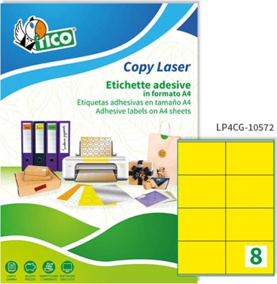 Etichetta adesiva LP4C - permanente - 105x72 mm - 8 etichette per foglio - giallo opaco - Tico - conf. 70 fogli A4 Cancelleria e prodotti per ufficio/Archivio ufficio e accessori per scrivania/Etichette divisori per schedario e timbri/Etichette ed etichette adesive/Etichette per stampanti Eurocartuccia - Pavullo, Commerciovirtuoso.it