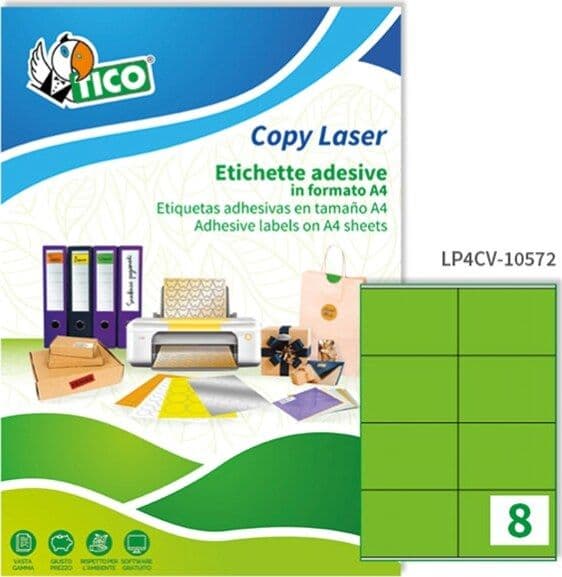 Etichetta adesiva LP4C - permanente - 105x72 mm - 8 etichette per foglio - verde opaco - Tico - conf. 70 fogli A4 Cancelleria e prodotti per ufficio/Archivio ufficio e accessori per scrivania/Etichette divisori per schedario e timbri/Etichette ed etichette adesive/Etichette per stampanti Eurocartuccia - Pavullo, Commerciovirtuoso.it