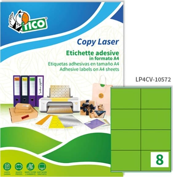 Etichetta adesiva LP4C - permanente - 105x72 mm - 8 etichette per foglio - verde opaco - Tico - conf. 70 fogli A4 Cancelleria e prodotti per ufficio/Archivio ufficio e accessori per scrivania/Etichette divisori per schedario e timbri/Etichette ed etichette adesive/Etichette per stampanti Eurocartuccia - Pavullo, Commerciovirtuoso.it