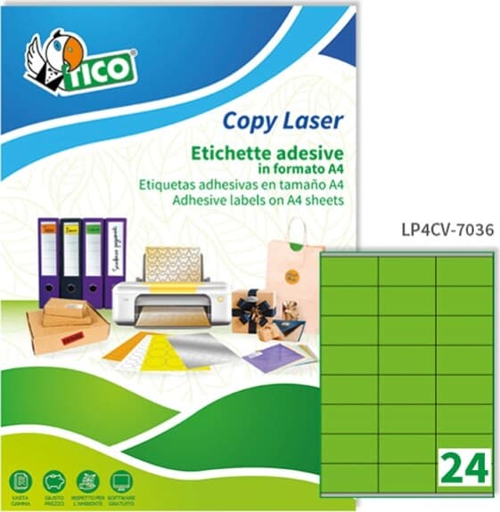 Etichetta adesiva LP4C - permanente - 70x36 mm - 24 etichette per foglio - verde opaco - Tico - conf. 70 fogli A4 Cancelleria e prodotti per ufficio/Archivio ufficio e accessori per scrivania/Etichette divisori per schedario e timbri/Etichette ed etichette adesive/Etichette per stampanti Eurocartuccia - Pavullo, Commerciovirtuoso.it