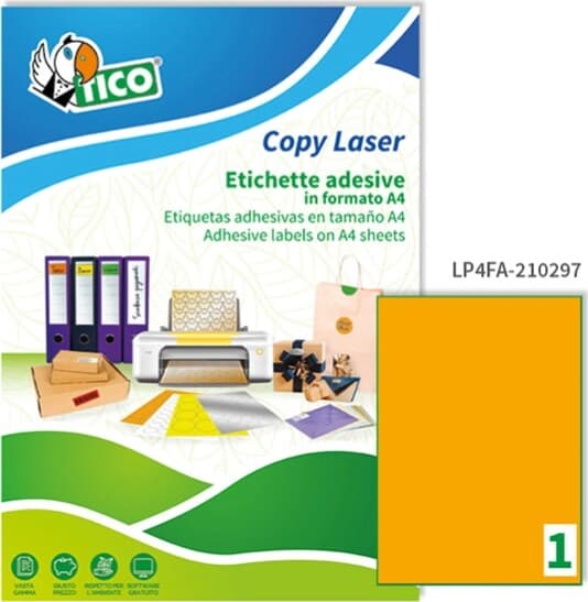 Etichetta adesiva LP4F - permanente - 210x297 mm - 1 etichetta per foglio - arancio fluo - Tico - conf. 70 fogli A4 Cancelleria e prodotti per ufficio/Archivio ufficio e accessori per scrivania/Etichette divisori per schedario e timbri/Etichette ed etichette adesive/Etichette per stampanti Eurocartuccia - Pavullo, Commerciovirtuoso.it