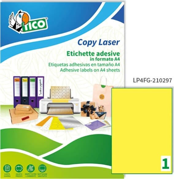Etichetta adesiva LP4F - permanente - 210x297 mm - 1 etichetta per foglio - giallo fluo - Tico - conf. 70 fogli A4 Cancelleria e prodotti per ufficio/Archivio ufficio e accessori per scrivania/Etichette divisori per schedario e timbri/Etichette ed etichette adesive/Etichette per stampanti Eurocartuccia - Pavullo, Commerciovirtuoso.it