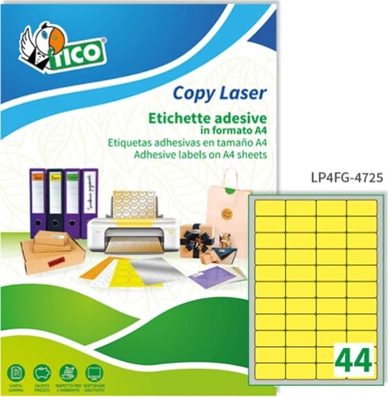 Etichetta adesiva LP4F - permanente - 47 5x25 5 mm - 44 etichette per foglio - giallo fluo - Tico - conf. 70 fogli A4 Cancelleria e prodotti per ufficio/Archivio ufficio e accessori per scrivania/Etichette divisori per schedario e timbri/Etichette ed etichette adesive/Etichette per stampanti Eurocartuccia - Pavullo, Commerciovirtuoso.it