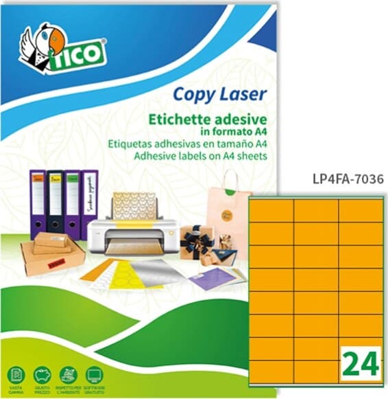 Etichetta adesiva LP4F - permanente - 70x36 mm - 24 etichette per foglio - arancio fluo - Tico - conf. 70 fogli A4 Cancelleria e prodotti per ufficio/Archivio ufficio e accessori per scrivania/Etichette divisori per schedario e timbri/Etichette ed etichette adesive/Etichette per stampanti Eurocartuccia - Pavullo, Commerciovirtuoso.it