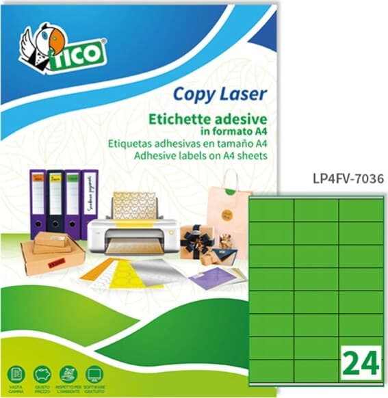 Etichetta adesiva LP4F - permanente - 70x36 mm - 24 etichette per foglio - verde fluo - Tico - conf. 70 fogli A4 Cancelleria e prodotti per ufficio/Archivio ufficio e accessori per scrivania/Etichette divisori per schedario e timbri/Etichette ed etichette adesive/Etichette per stampanti Eurocartuccia - Pavullo, Commerciovirtuoso.it