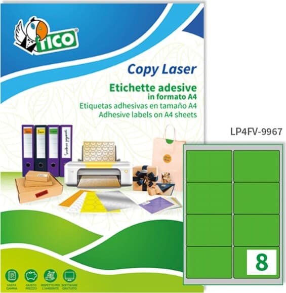 Etichetta adesiva LP4F - permanente - 99 1x67 7 mm - angoli tondi - 8 etichette per foglio - verde fluo - Tico - conf. 70 fogli A4 Cancelleria e prodotti per ufficio/Archivio ufficio e accessori per scrivania/Etichette divisori per schedario e timbri/Etichette ed etichette adesive/Etichette per stampanti Eurocartuccia - Pavullo, Commerciovirtuoso.it