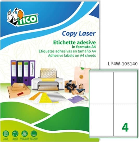 Etichetta adesiva LP4W - permanente - 105x140 mm - 4 etichette per foglio - bianco - Tico - conf. 100 fogli A4 Cancelleria e prodotti per ufficio/Archivio ufficio e accessori per scrivania/Etichette divisori per schedario e timbri/Etichette ed etichette adesive/Etichette per stampanti Eurocartuccia - Pavullo, Commerciovirtuoso.it