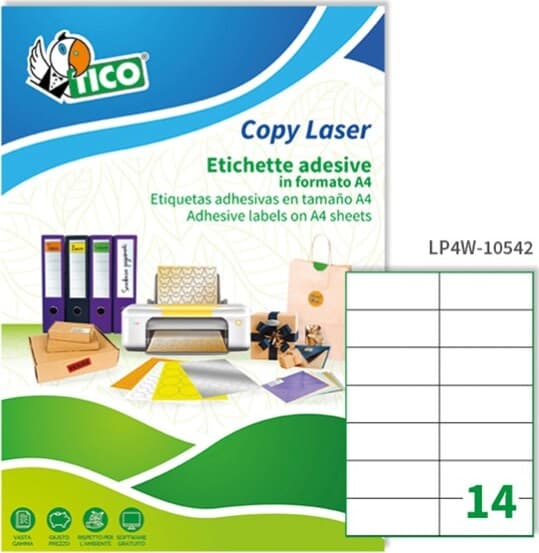 Etichetta adesiva LP4W - permanente - 105x42 3 mm - 14 etichette per foglio - bianco - Tico - conf. 100 fogli A4 Cancelleria e prodotti per ufficio/Archivio ufficio e accessori per scrivania/Etichette divisori per schedario e timbri/Etichette ed etichette adesive/Etichette per stampanti Eurocartuccia - Pavullo, Commerciovirtuoso.it