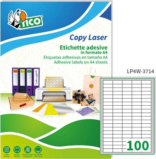 Etichetta adesiva LP4W - permanente - 37x14 mm - 100 etichette per foglio - bianco - Tico - conf. 100 fogli A4 Cancelleria e prodotti per ufficio/Archivio ufficio e accessori per scrivania/Etichette divisori per schedario e timbri/Etichette ed etichette adesive/Etichette per stampanti Eurocartuccia - Pavullo, Commerciovirtuoso.it