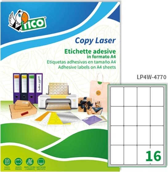 Etichetta adesiva LP4W - permanente - 47 7x70 mm - 16 etichette per foglio - bianco - Tico - conf. 100 fogli A4 Cancelleria e prodotti per ufficio/Archivio ufficio e accessori per scrivania/Etichette divisori per schedario e timbri/Etichette ed etichette adesive/Etichette per stampanti Eurocartuccia - Pavullo, Commerciovirtuoso.it