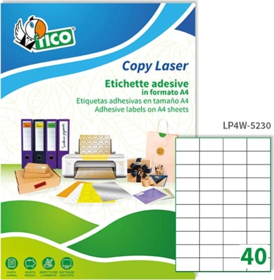 Etichetta adesiva LP4W - permanente - 52x30 mm - 40 etichette per foglio - bianco - Tico - conf. 100 fogli A4 Cancelleria e prodotti per ufficio/Archivio ufficio e accessori per scrivania/Etichette divisori per schedario e timbri/Etichette ed etichette adesive/Etichette per stampanti Eurocartuccia - Pavullo, Commerciovirtuoso.it
