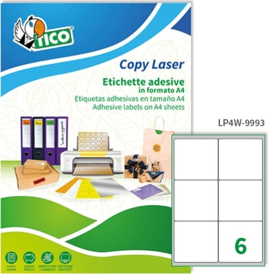 Etichetta adesiva LP4W - permanente - 99 1x93 1 mm - 6 etichette per foglio - bianco - Tico - conf. 100 fogli A4 Cancelleria e prodotti per ufficio/Archivio ufficio e accessori per scrivania/Etichette divisori per schedario e timbri/Etichette ed etichette adesive/Etichette per stampanti Eurocartuccia - Pavullo, Commerciovirtuoso.it